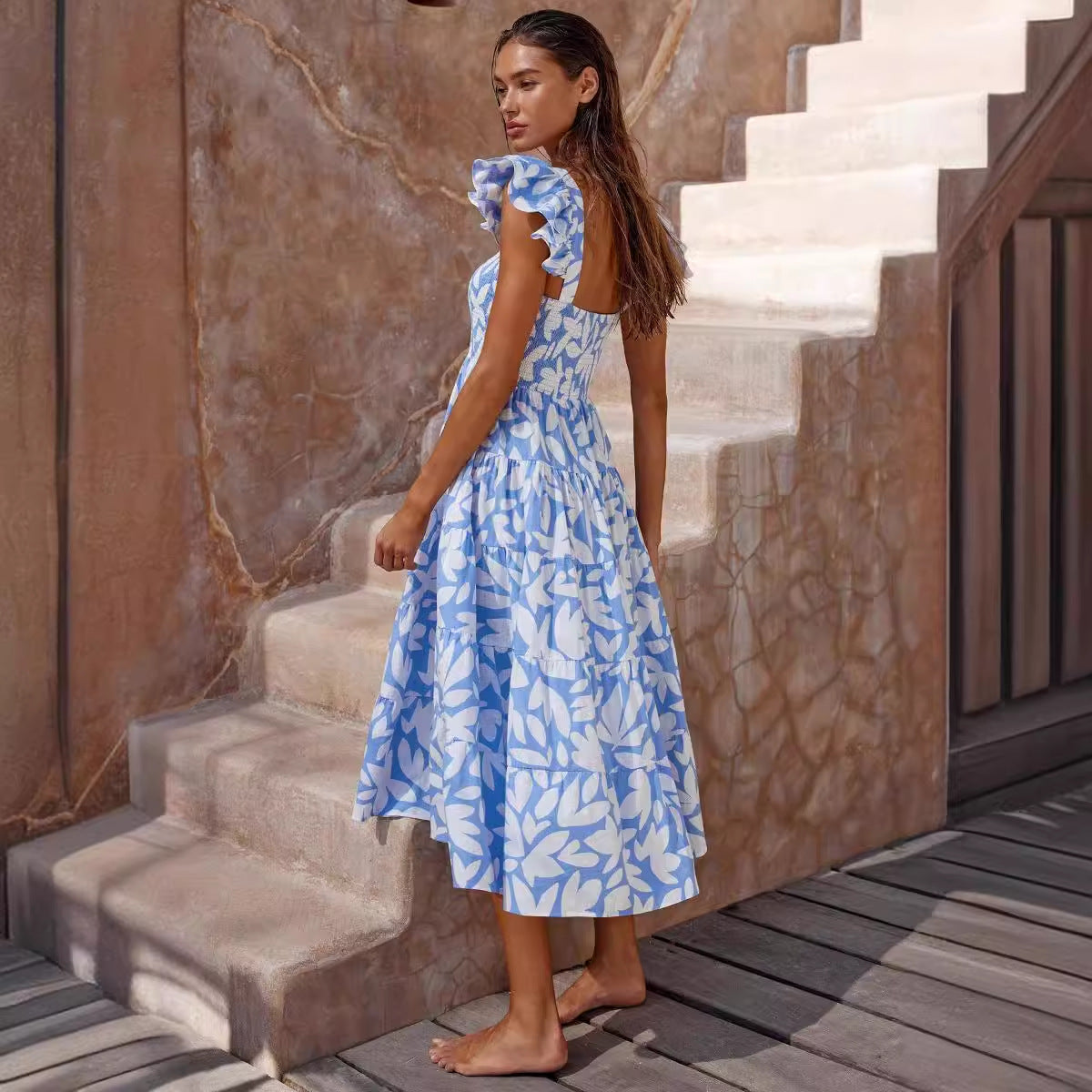 Printed Ruffle Sleeve Elastic Swing Dress