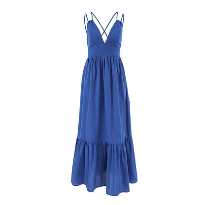 French Vacation Blue Cotton Linen V neck Strap Backless Dress Dress