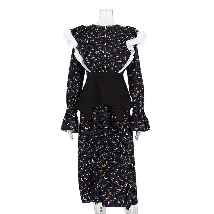 French Design Long Sleeve Dress Detachable Waist Seal Casual Floral Dress