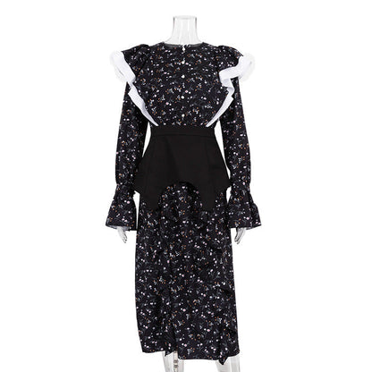 French Design Long Sleeve Dress Detachable Waist Seal Casual Floral Dress