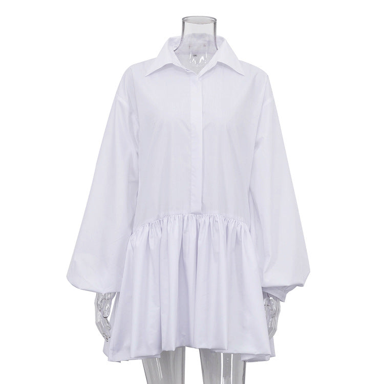 Solid Color Office Pleated Dress Collared Puff Sleeve Shirt Dress for