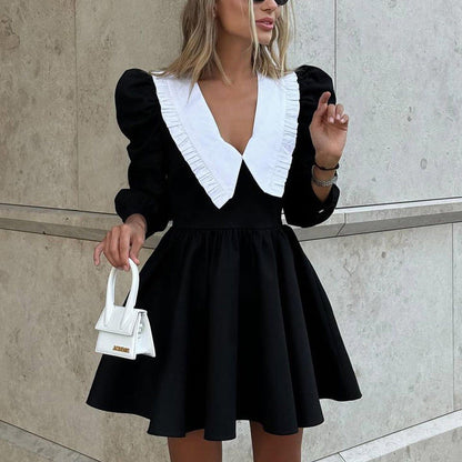 French Black White Contrast Color Doll Collar Short Elegant Pleated A line Dress