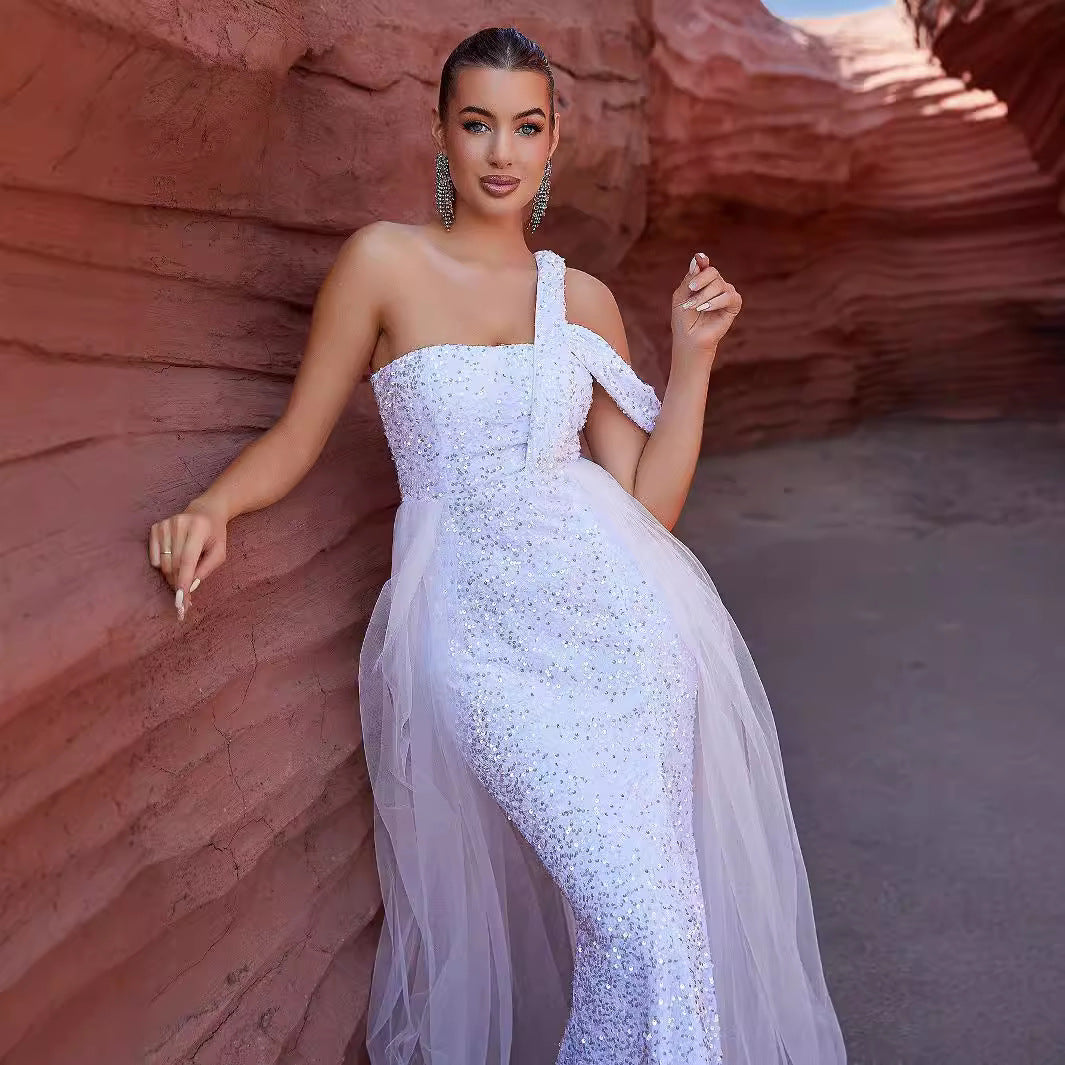 Tube Top Irregular Asymmetric White Mesh Sequ Dress