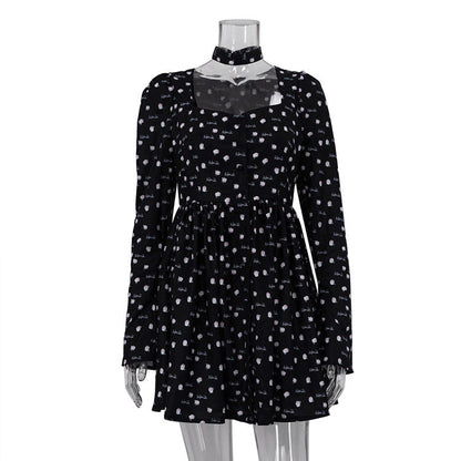 Tea Break French Dress Collar Square Collar Long Sleeve Printing Casual A line Dress