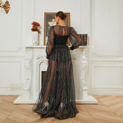 Long Sleeved round Neck Cocktail Sequin Gauze Large Swing Evening Dress Bridesmaid