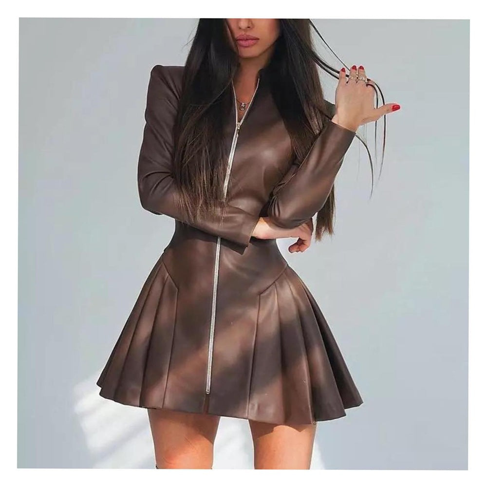 Fashionable Fitted Long Sleeve Pleated Faux Leather Zipper Dress