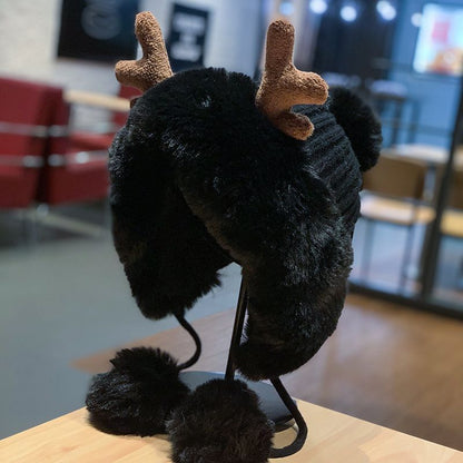 Reindeer Antler Pom Pom Earflap Christmas Hat