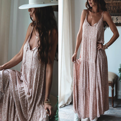 Strap Layered Lace up Maxi Dress Loose Floral