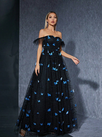 Black off Shoulder Dress Butterfly Embroidered Mesh Niche Cocktail Party Evening Dress