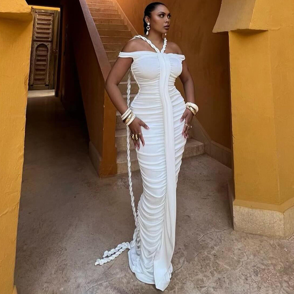 Elegant Graceful Off Neck Braid Pleated High Waist Figure Flattering Sheath