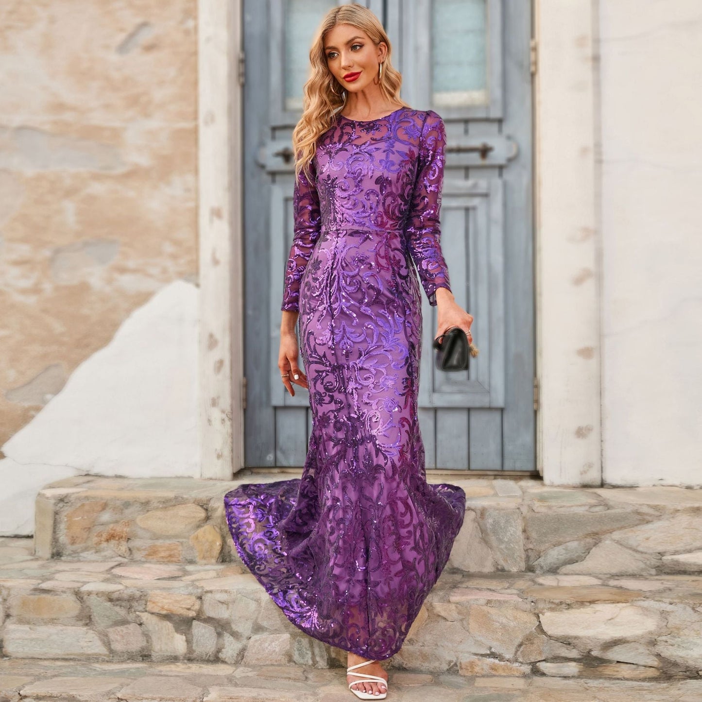 Sequined Dress Purple Crew-Neck Long Evening Dress Long Sleeve Dress