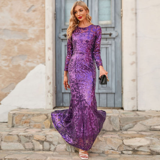 Sequined Dress Purple Crew-Neck Long Evening Dress Long Sleeve Dress