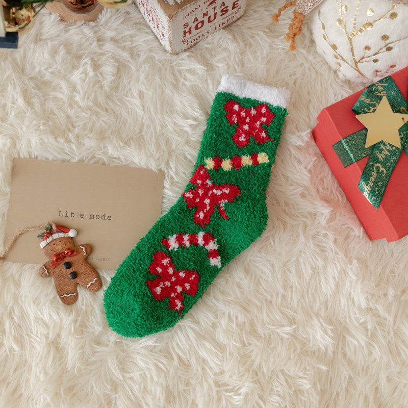 Thick Coral Fleece Cute Reindeer Snowman Christmas Socks