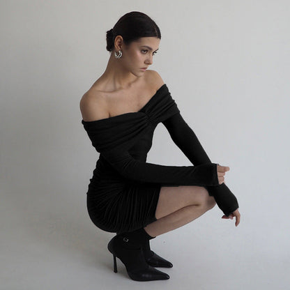 Pleated off the Shoulder Long Sleeve Slim Sheath Short Dress