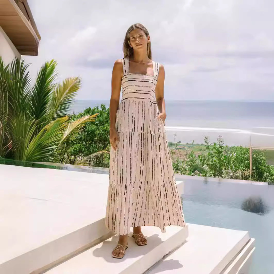 Sweet Striped Printed off Neck Lace up Dress