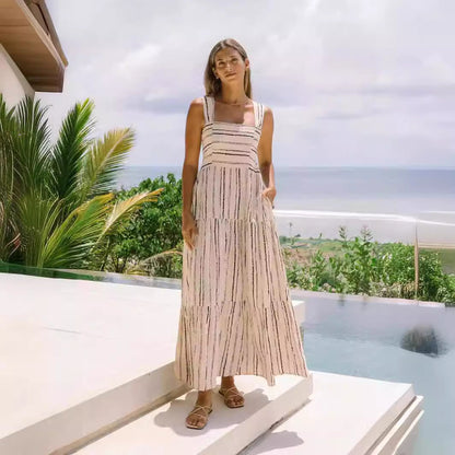 Sweet Striped Printed off Neck Lace up Dress