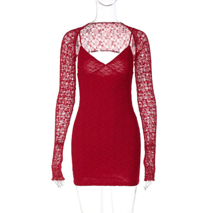 Lace Stitching Suspender Dress Pure Red Slim Fit V neck Socialite Dress