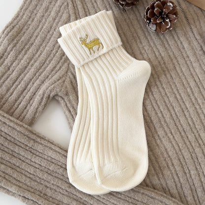 Cotton Embroidered Cartoon Cute Mid Calf Christmas Socks