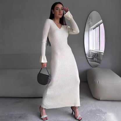 Long Sleeve V neck Tight Knitted Dress Solid Color Rib Fabric Wool Long  Dress