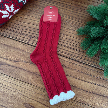 Red Argyle Snowflake Seamless Rabbit Fleece Mid Calf Christmas Socks
