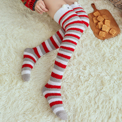 Plush Coral Fleece Cartoon Knee High Christmas Socks