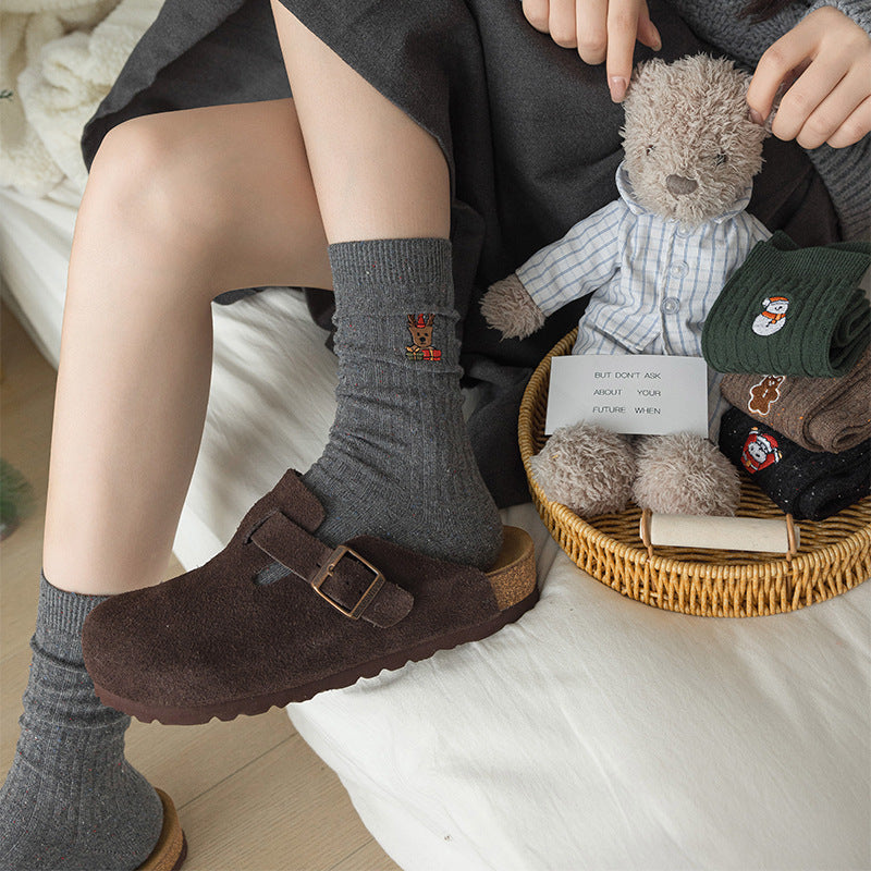 Cable Embroidered Mid Calf Christmas Socks