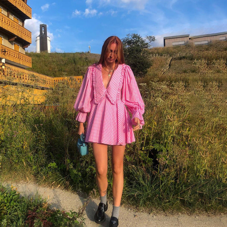 Pink Plaid Doll Collar Long Sleeve Dress GracefulA line Dress