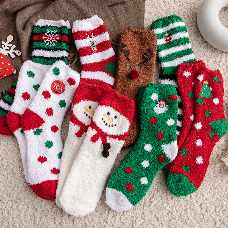 Soft Cotton Coral Fleece Cute Mid Calf Sleep Christmas Socks