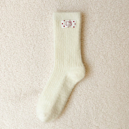 Embroidered Red Mid Calf Coral Fleece Cozy Christmas Socks