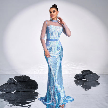 High End Long Sleeve Crew Neck Mesh Sequ Cocktail Long Evening