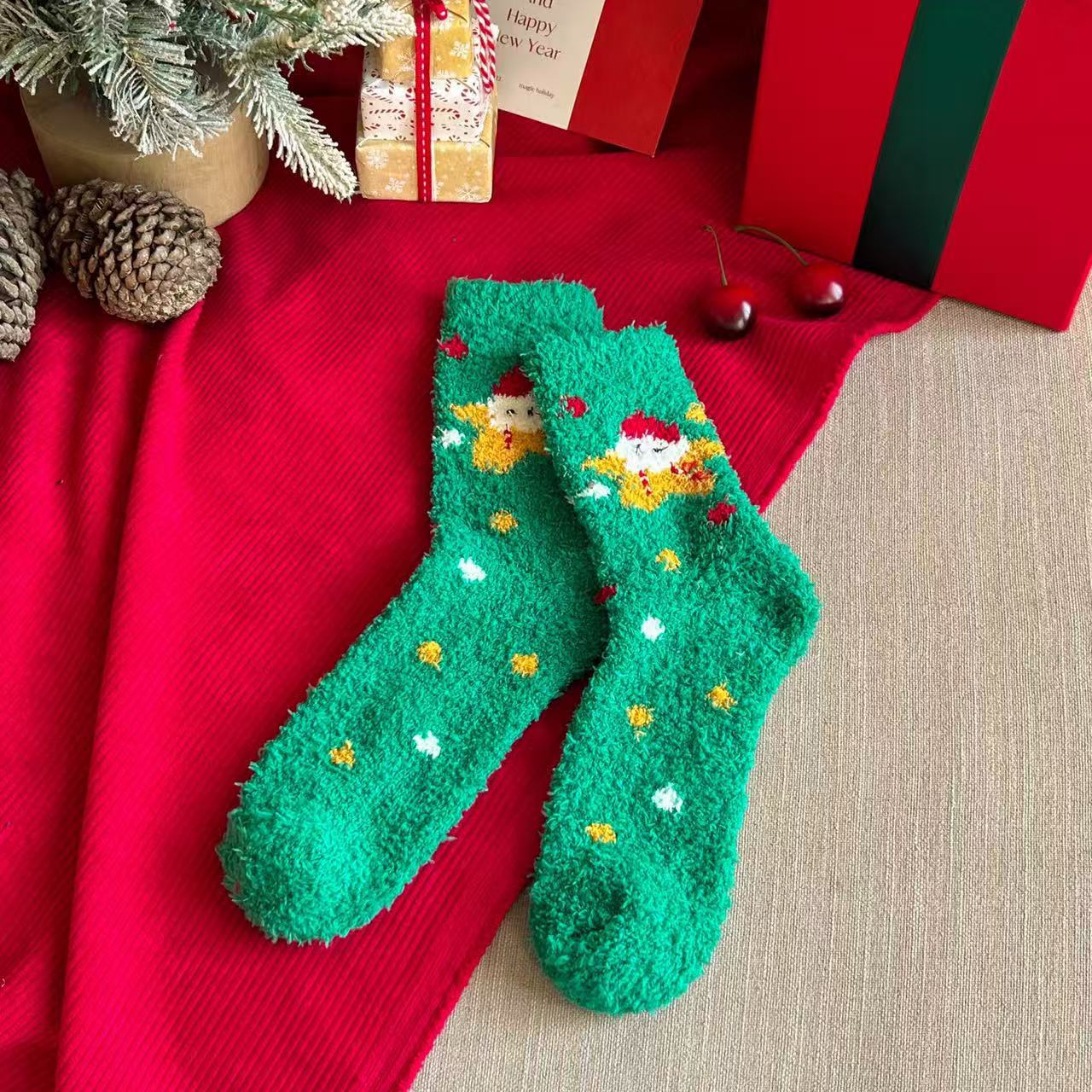 Cute Cartoon Fuzzy Coral Fleece Cozy Sleep Christmas Socks