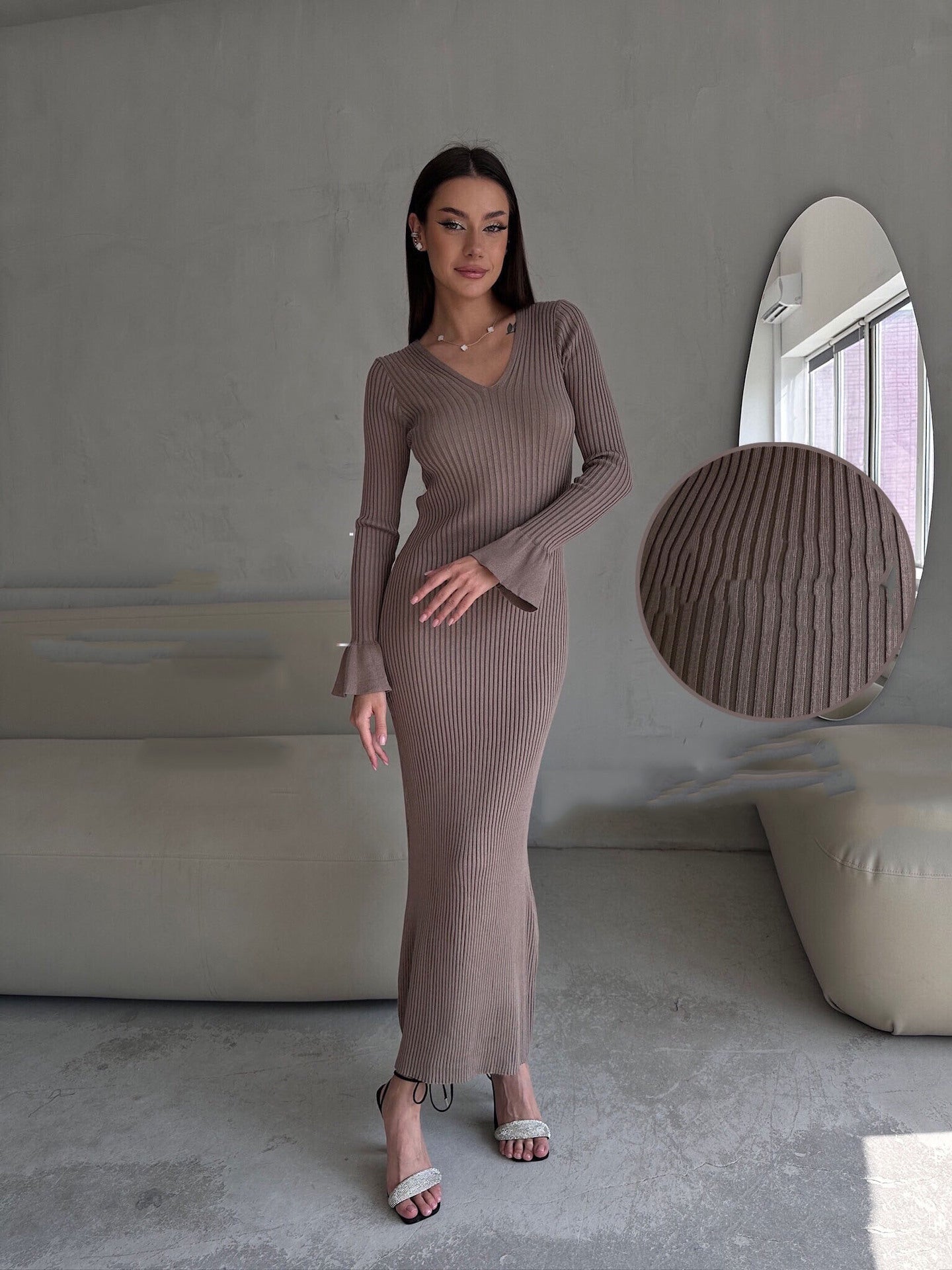 Long Sleeve V neck Tight Knitted Dress Solid Color Rib Fabric Wool Long  Dress