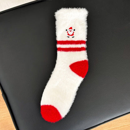 Thick Plush Embroidered Red Mid Calf Christmas Socks