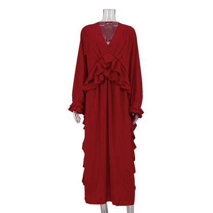 French Design Ruffled Long Sleeve Dress Red V neck Casual Dress