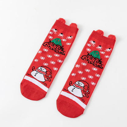 Cotton Cute Cartoon 3D Ear Red Mid Calf Christmas Socks