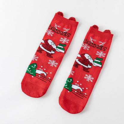 Cotton Cute Cartoon 3D Ear Red Mid Calf Christmas Socks