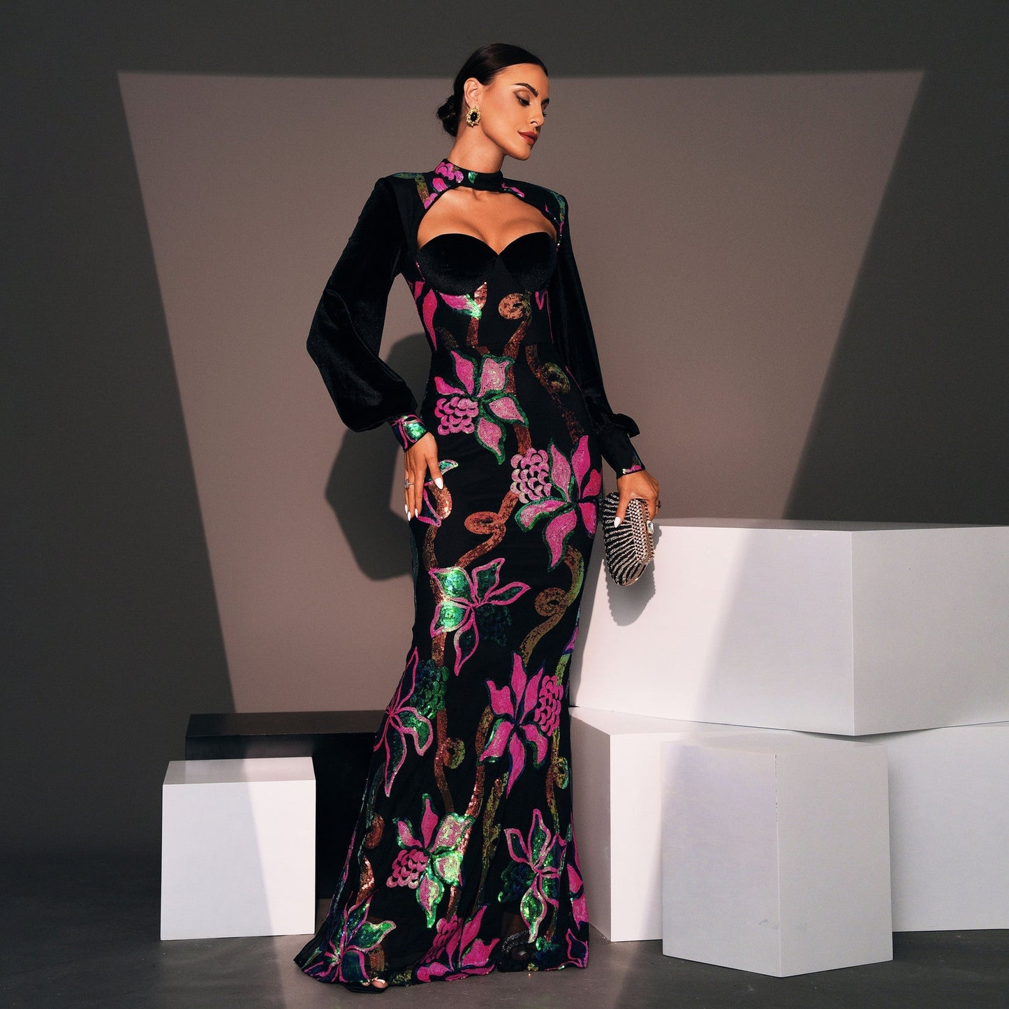 Long Sleeve Crew Neck Cutout Long Sequined Cocktail Evening Dress Bridesmaid