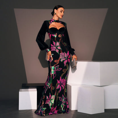 Long Sleeve Crew Neck Cutout Long Sequined Cocktail Evening Dress Bridesmaid