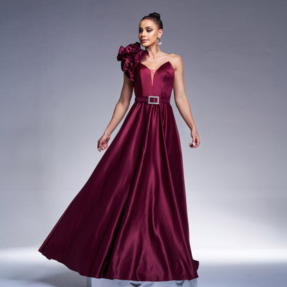 Elegant One Shoulder Diagonal Collar Cocktail Waist Controlled Large Hem Evening Dress Bridesmaid Dress