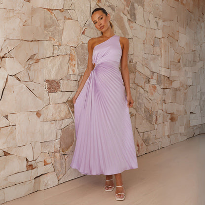 Socialite One Shoulder Diagonal Collar Pleated Hollow Out Cutout Dress