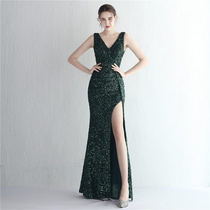 Handmade Sequin Ladies Cocktail Split Long Sequined Aura Queen Dinner Fishtail Dress
