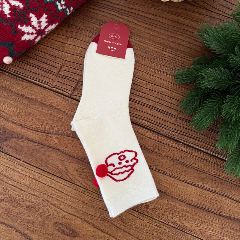 Red Argyle Snowflake Seamless Rabbit Fleece Mid Calf Christmas Socks