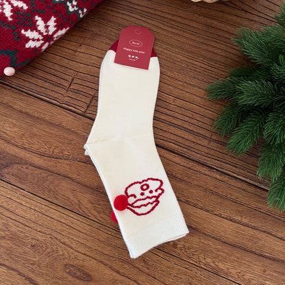 Red Argyle Snowflake Seamless Rabbit Fleece Mid Calf Christmas Socks