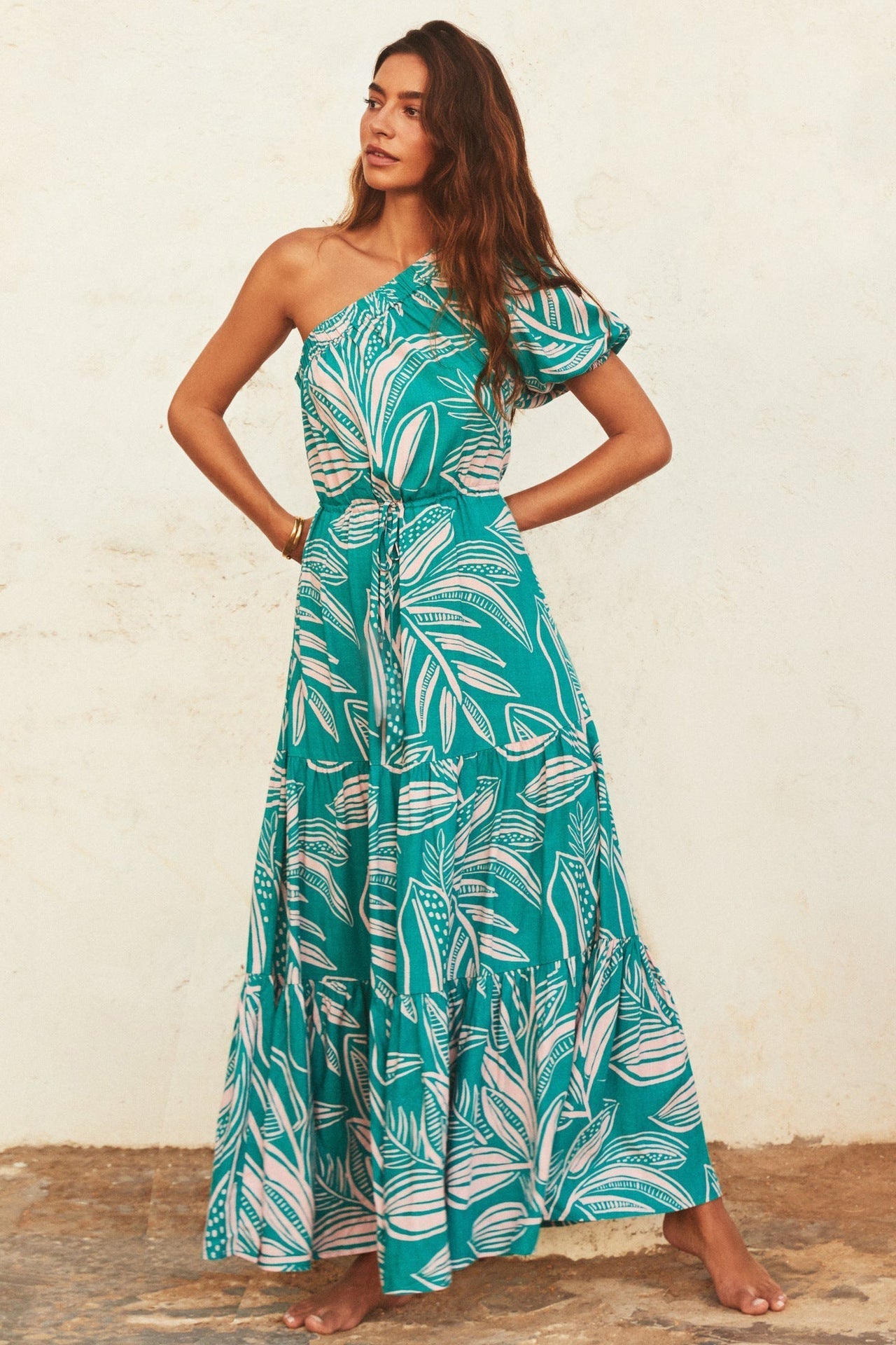 Casual Oblique Collar Floral Lace up off Shoulder Dress for