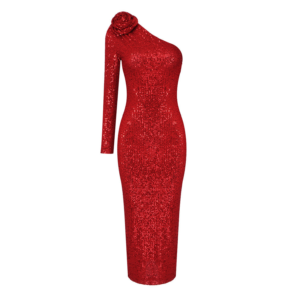 Christmas Red Three-Dimensional One Shoulder Floral Sequin Formal Dress Stretch Dress Winter
