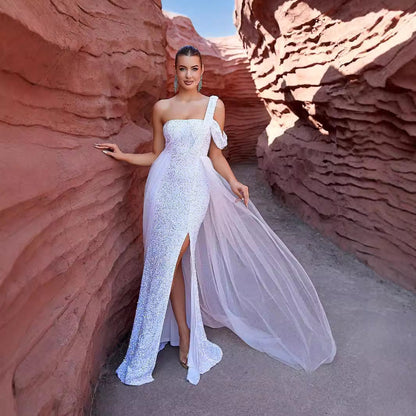 Tube Top Irregular Asymmetric White Mesh Sequ Dress