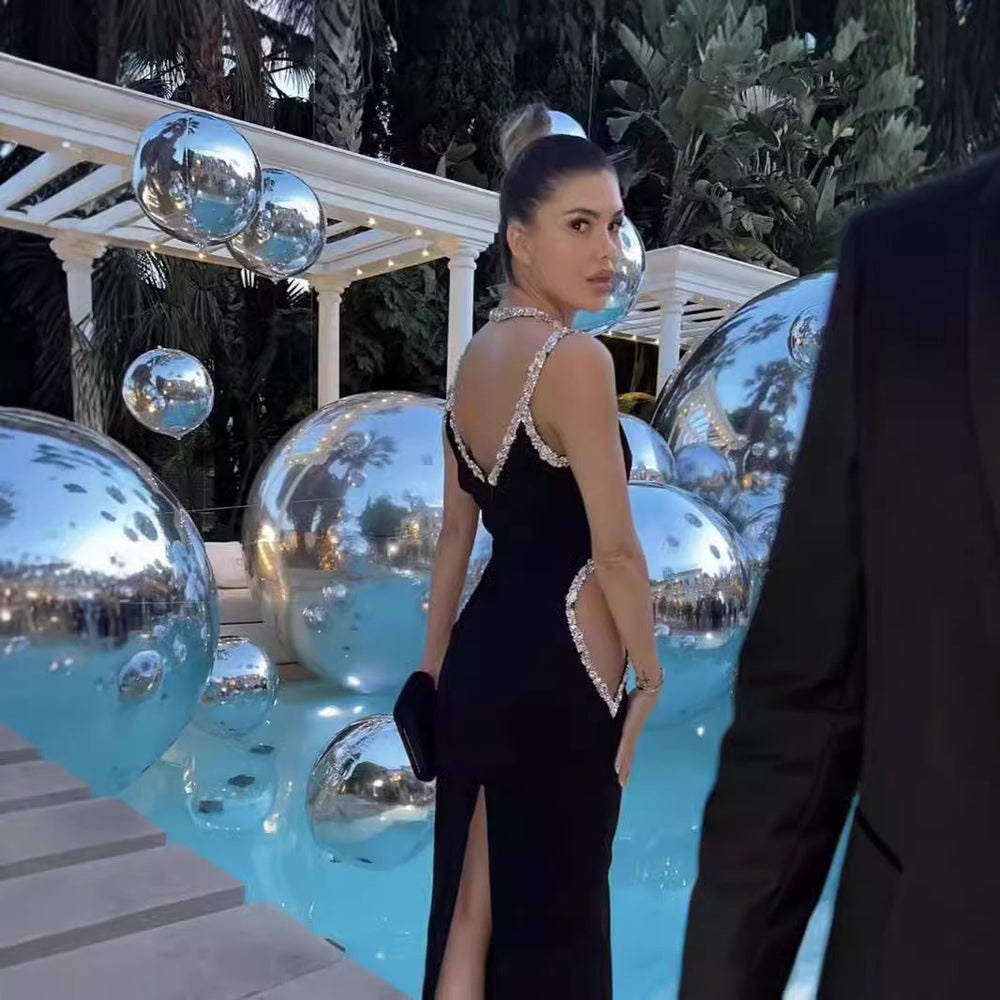 Glamorous Black Strapless Rhinestone Halter Gown Prom Dress promdress-250223