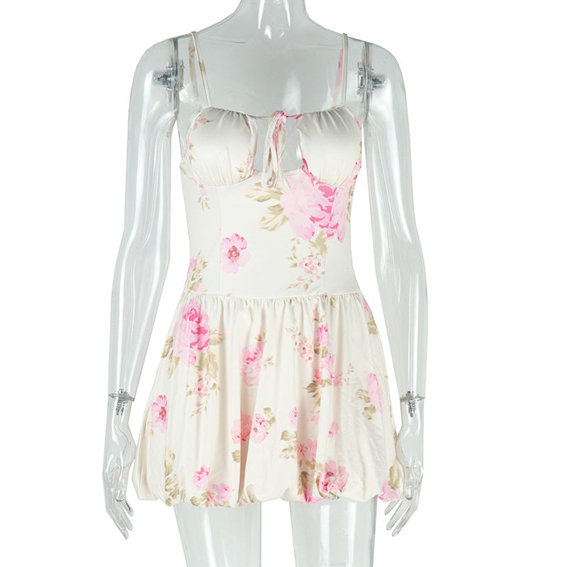 ElegantPrinted High Waist Design Short Strap Princess Dress for