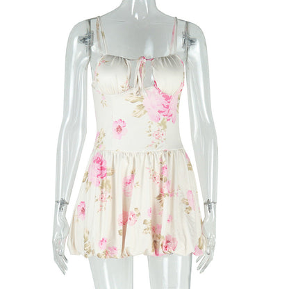 ElegantPrinted High Waist Design Short Strap Princess Dress for