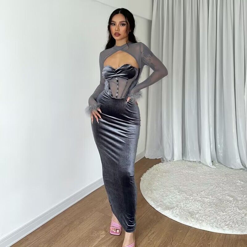 Fall Plush Mesh Stitching Night Club Hollow Out Cutout Dress Slim Fit Dress